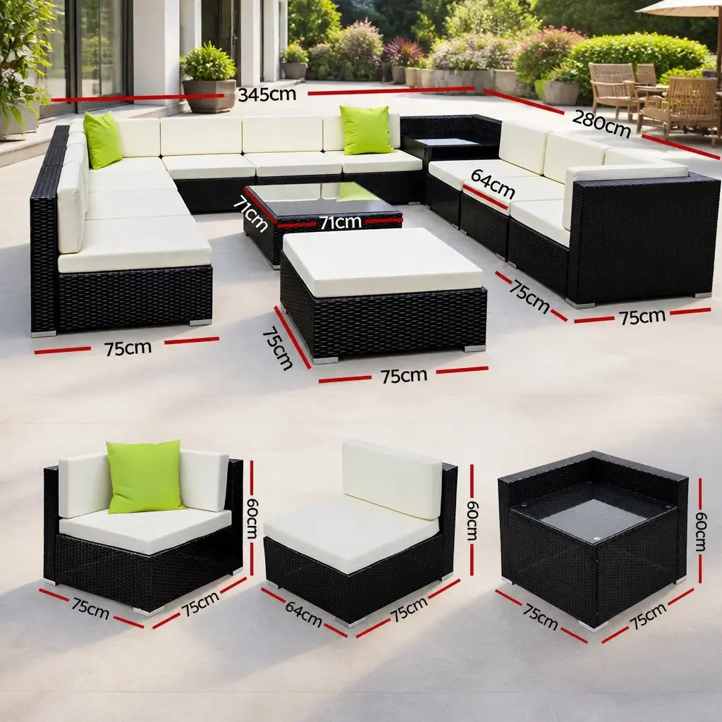 Wicker Lounge Chair Set 13 Piece Outdoor Cushioned Sofa Corner Table Black Beige Lime Green