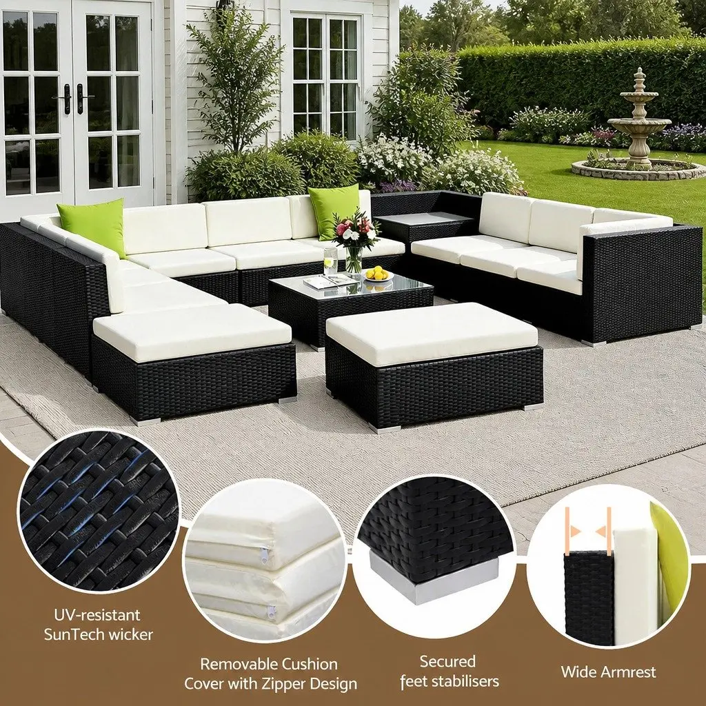 Wicker Lounge Chair Set 13 Piece Outdoor Cushioned Sofa Corner Table Black Beige Lime Green