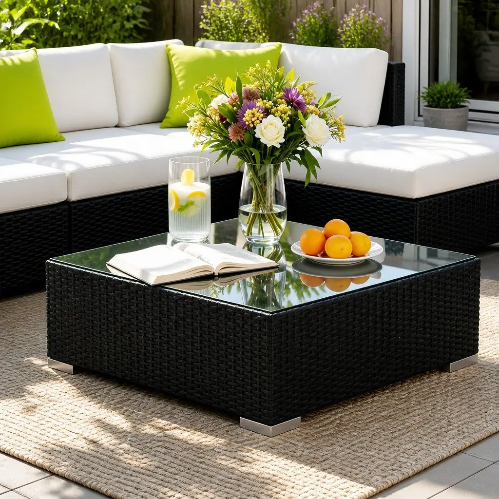 Wicker Lounge Chair Set 13 Piece Outdoor Cushioned Sofa Corner Table Black Beige Lime Green