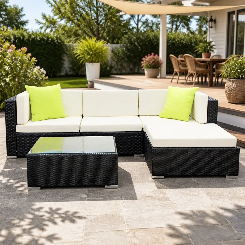 WickerOutdoorSofaSet4SeaterLoungeFurniture5PieceBlackBeigeLimeGreen