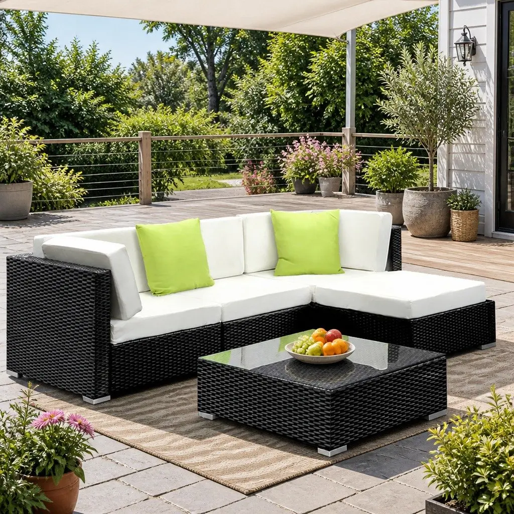 WickerOutdoorSofaSet4SeaterLoungeFurniture5PieceBlackBeigeLimeGreen