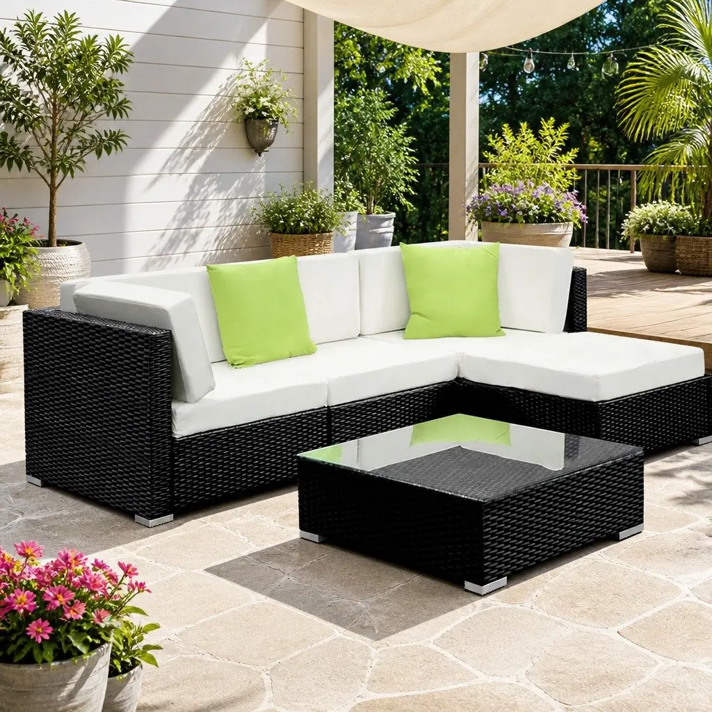 WickerOutdoorSofaSet4SeaterLoungeFurniture5PieceBlackBeigeLimeGreen