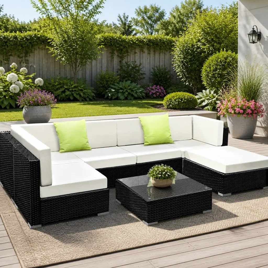 7 Piece Outdoor Sofa Set Wicker Lounge Couch 6 Seater Black Beige Lime Green