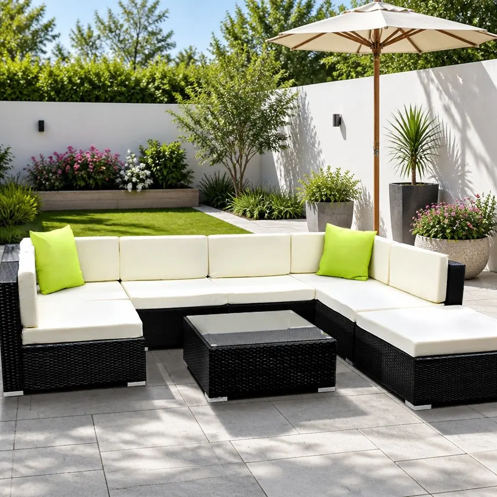 8 Piece Wicker Outdoor Lounge Set Black Garden Furniture 7 Seater with Cushions and Glass Table