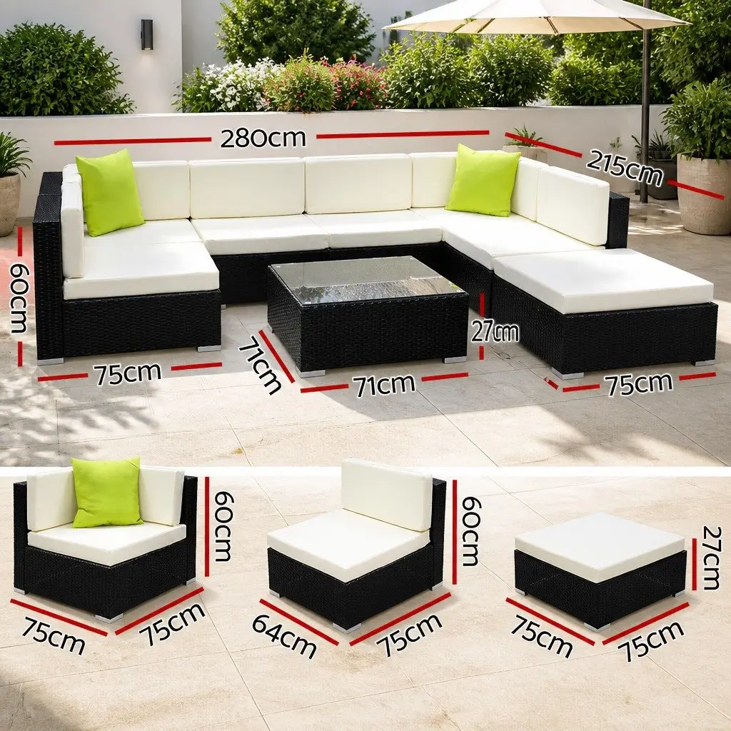 8 Piece Wicker Outdoor Lounge Set Black Garden Furniture 7 Seater with Cushions and Glass Table