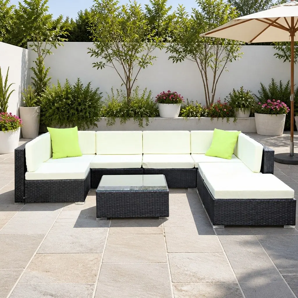 8 Piece Wicker Outdoor Lounge Set Black Garden Furniture 7 Seater with Cushions and Glass Table