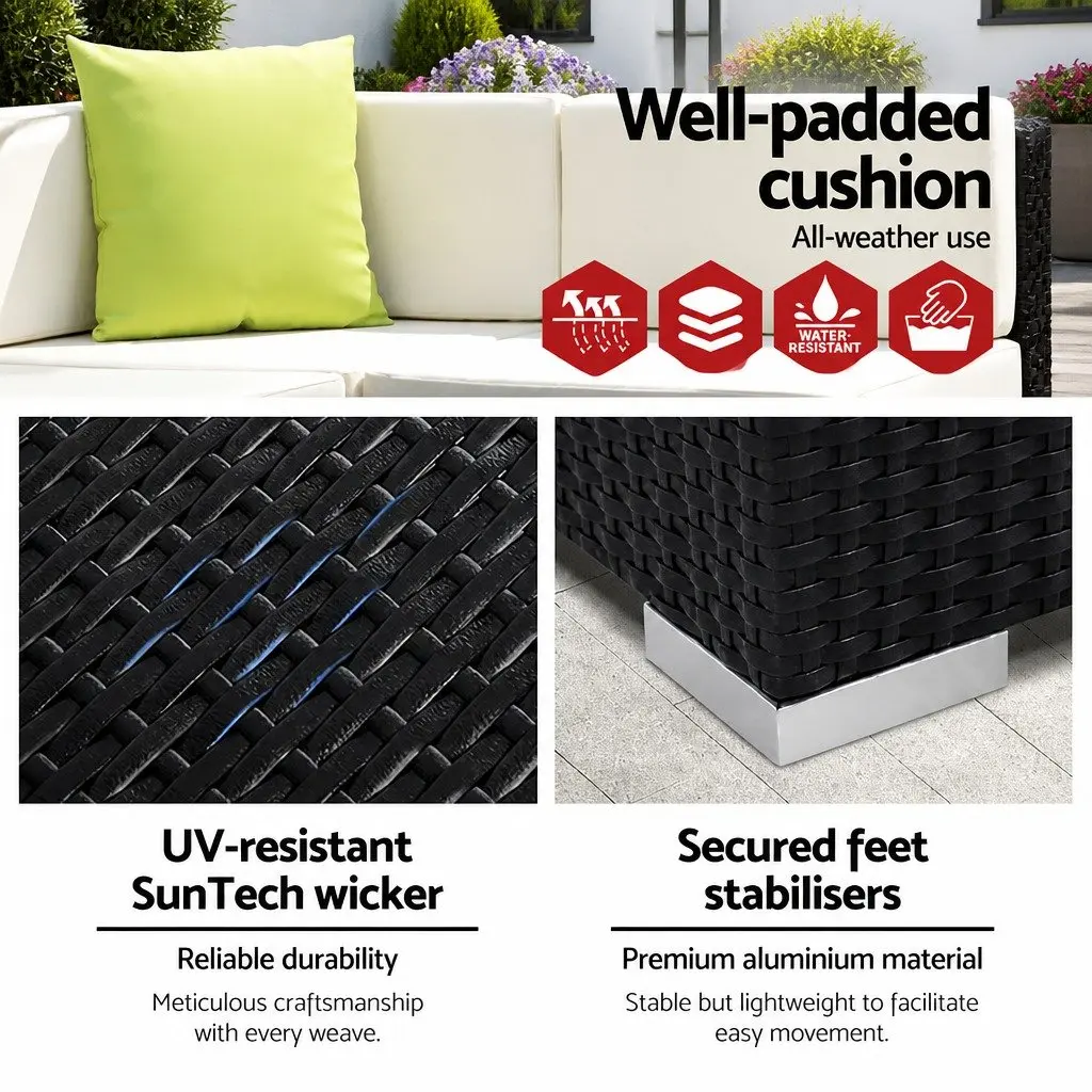 8 Piece Wicker Outdoor Lounge Set Black Garden Furniture 7 Seater with Cushions and Glass Table