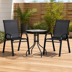 3-Piece Outdoor Bistro Set Stackable Patio Chairs Table Tempered Glass Black