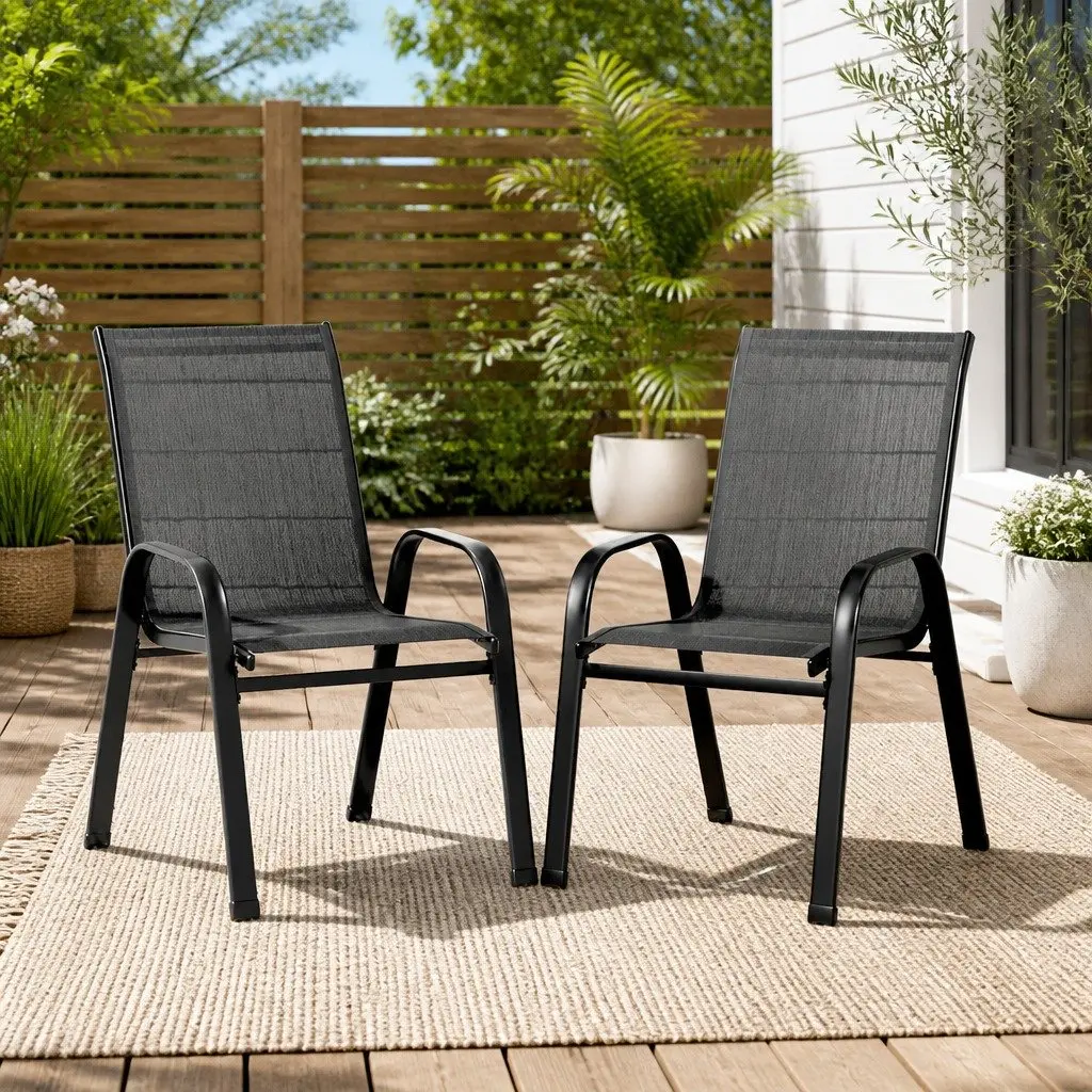 Outdoor Stackable Dining Chairs Set of 2 Patio Lounge Furniture Black Steel