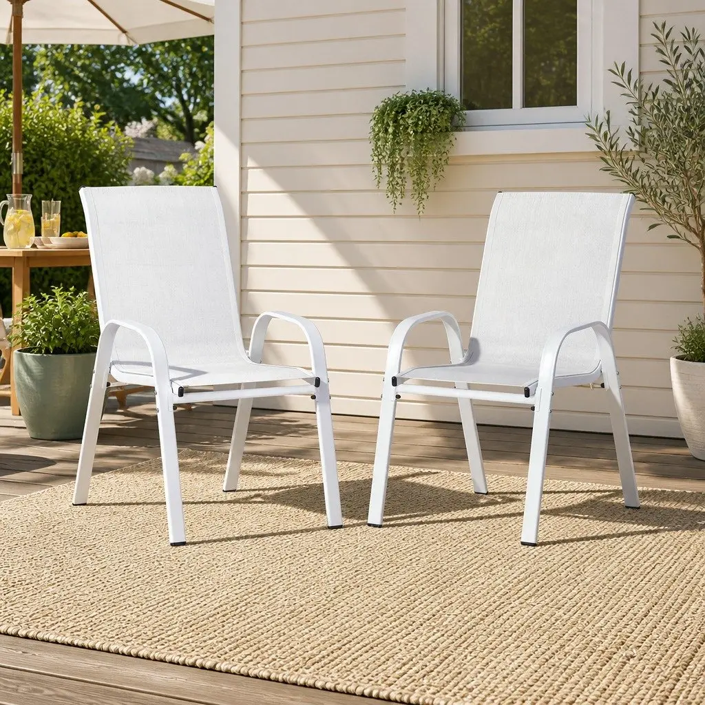 Outdoor Stackable Dining Chairs White Textilene 2 Piece
