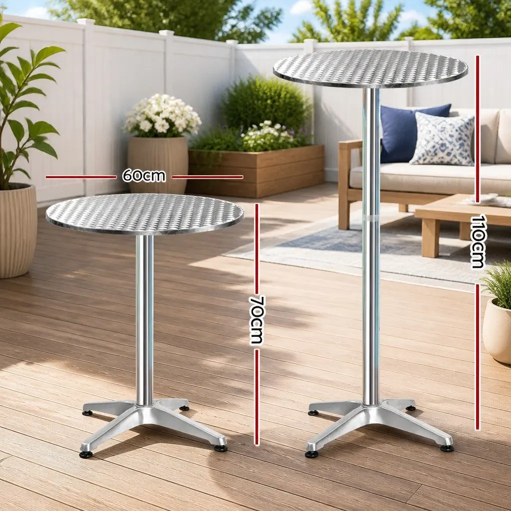 Round Outdoor Bar Table Set 2 Adjustable Height 70cm 110cm Portable Foldable Silver
