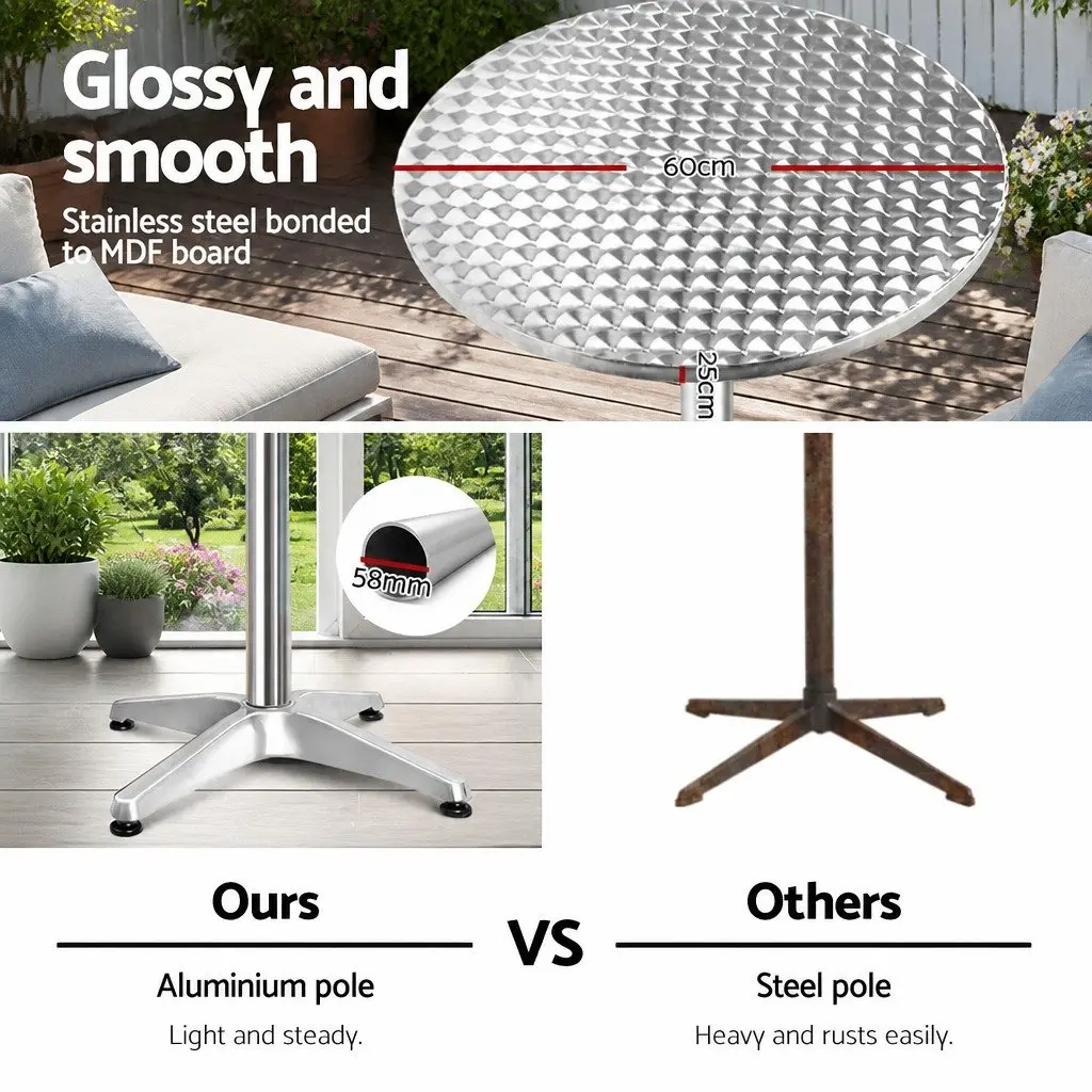 Round Outdoor Bar Table Set 2 Adjustable Height 70cm 110cm Portable Foldable Silver