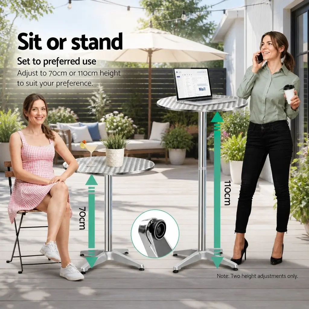 Round Bar Table Adjustable Height 60cm Diameter Modern Silver Aluminium Stainless Steel Foldable Indoor Outdoor