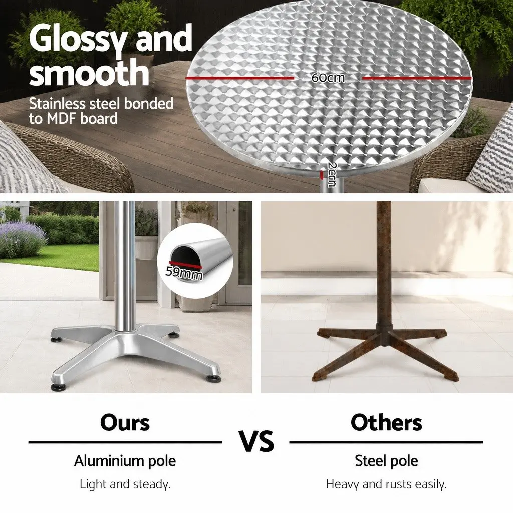 Round Bar Table Adjustable Height 60cm Diameter Modern Silver Aluminium Stainless Steel Foldable Indoor Outdoor