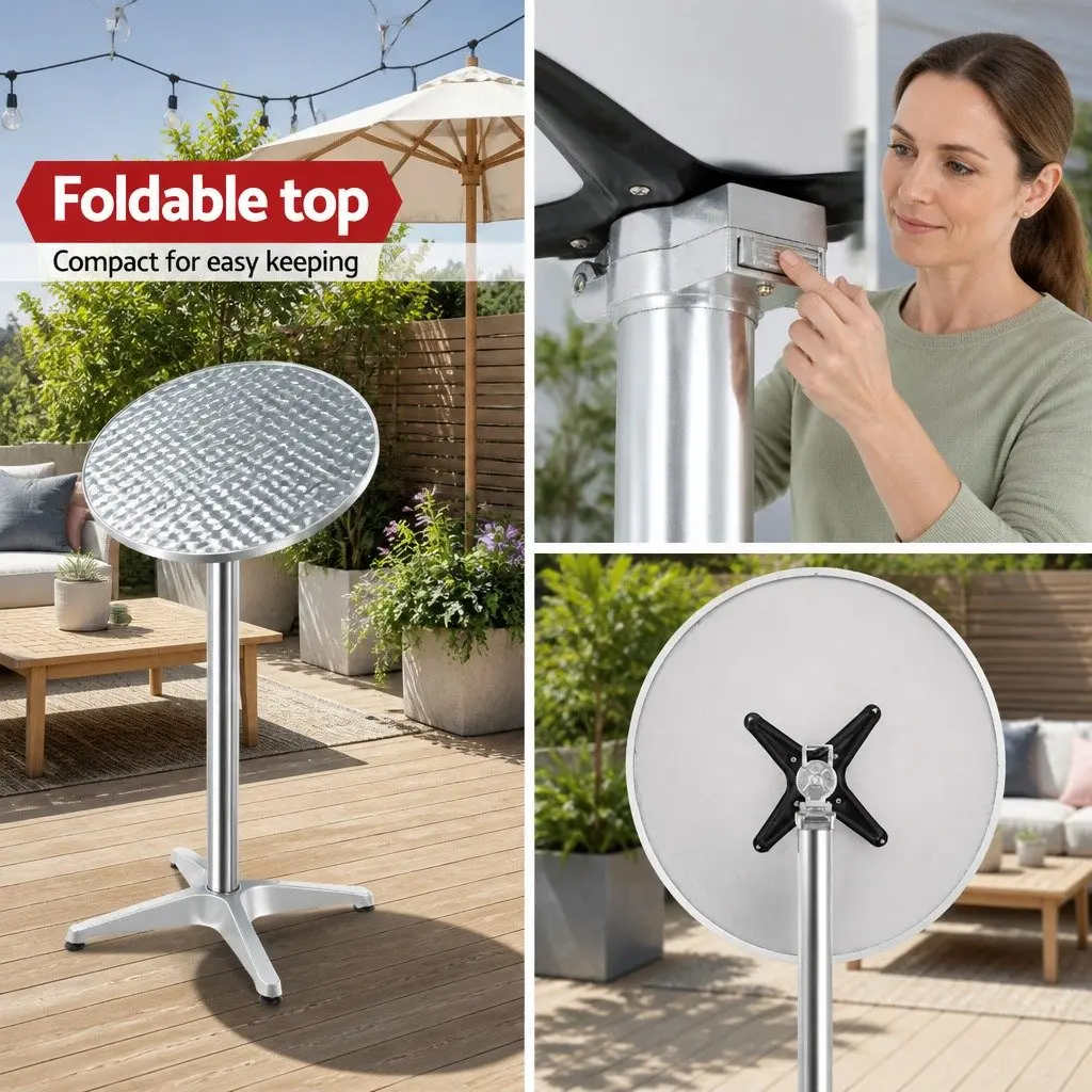 Round Bar Table Adjustable Height 60cm Diameter Modern Silver Aluminium Stainless Steel Foldable Indoor Outdoor