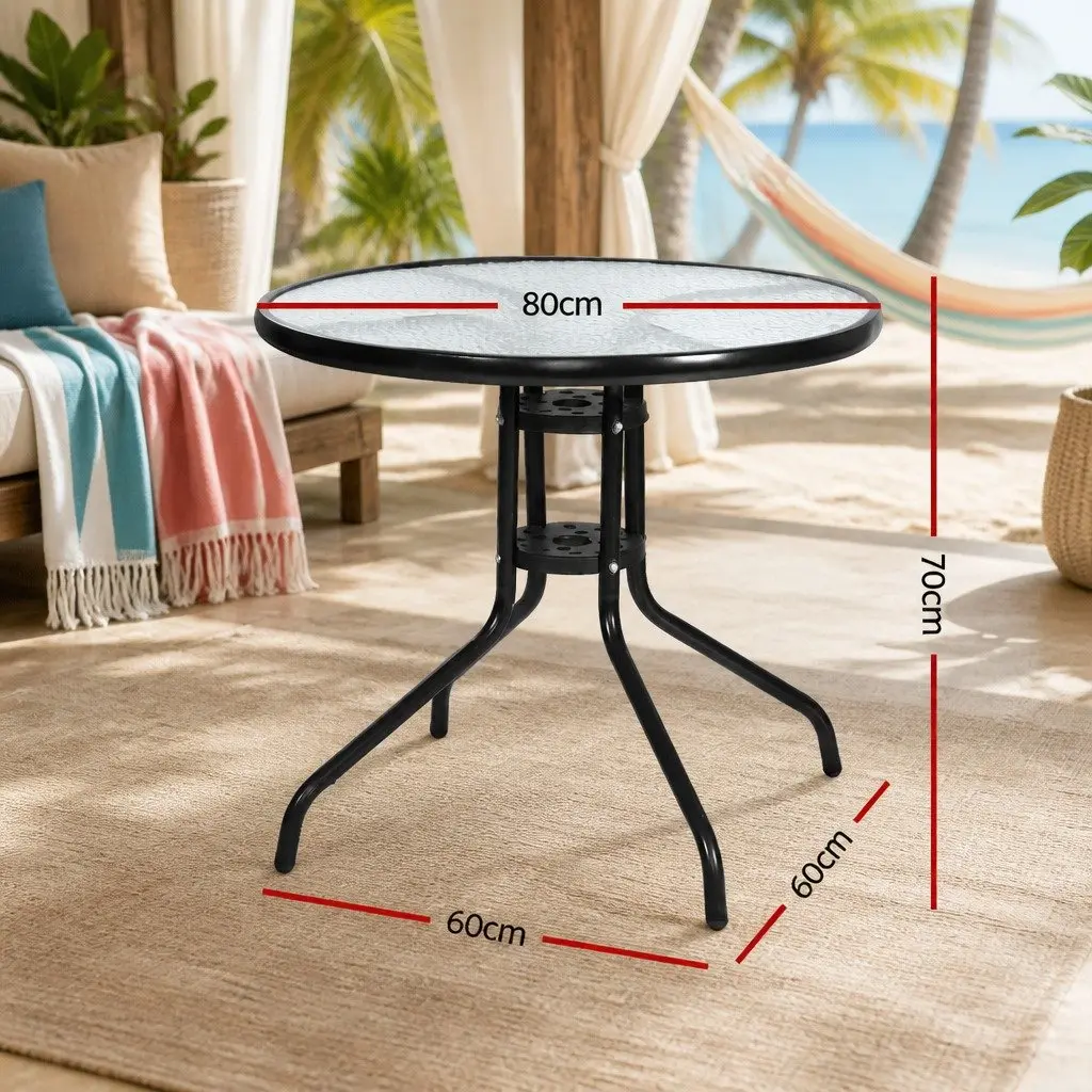 Outdoor Bar Table Tempered Glass Cafe Dining Steel Frame Parasol Hole Black