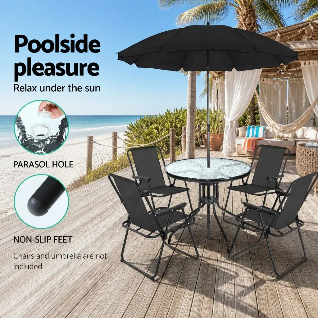 Outdoor Bar Table Tempered Glass Cafe Dining Steel Frame Parasol Hole Black