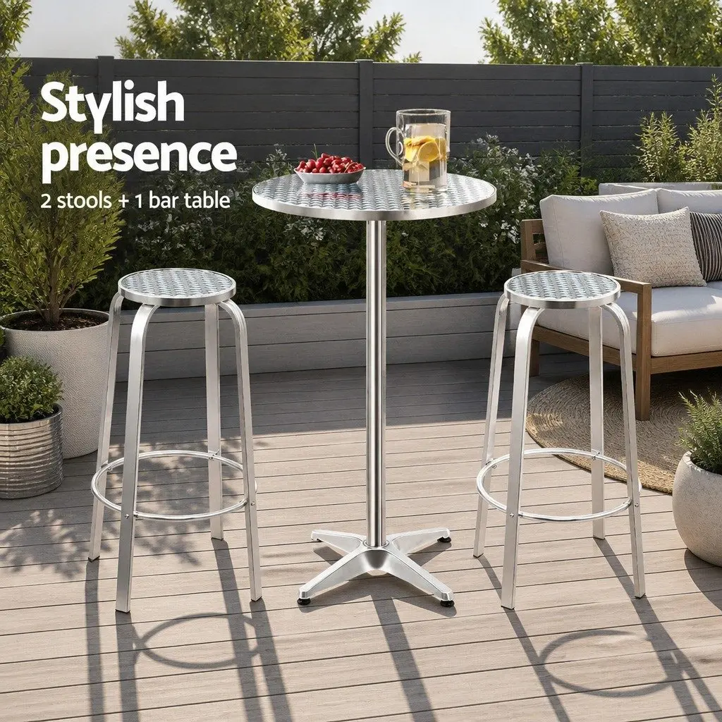 Outdoor Bistro Set Height-Adjustable Round Table and Two Stools Silver 3 Piece
