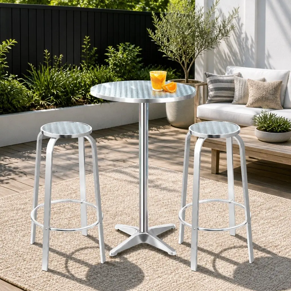 Outdoor Bistro Set Height-Adjustable Round Table and Two Stools Silver 3 Piece