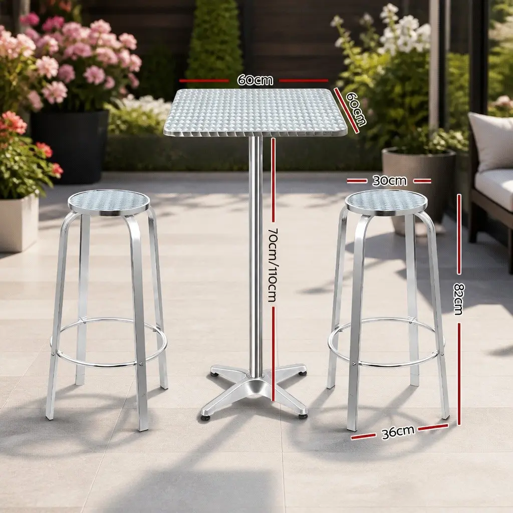 3 Piece Outdoor Bar Set Height Adjustable Bistro Table Silver with 2 Stools