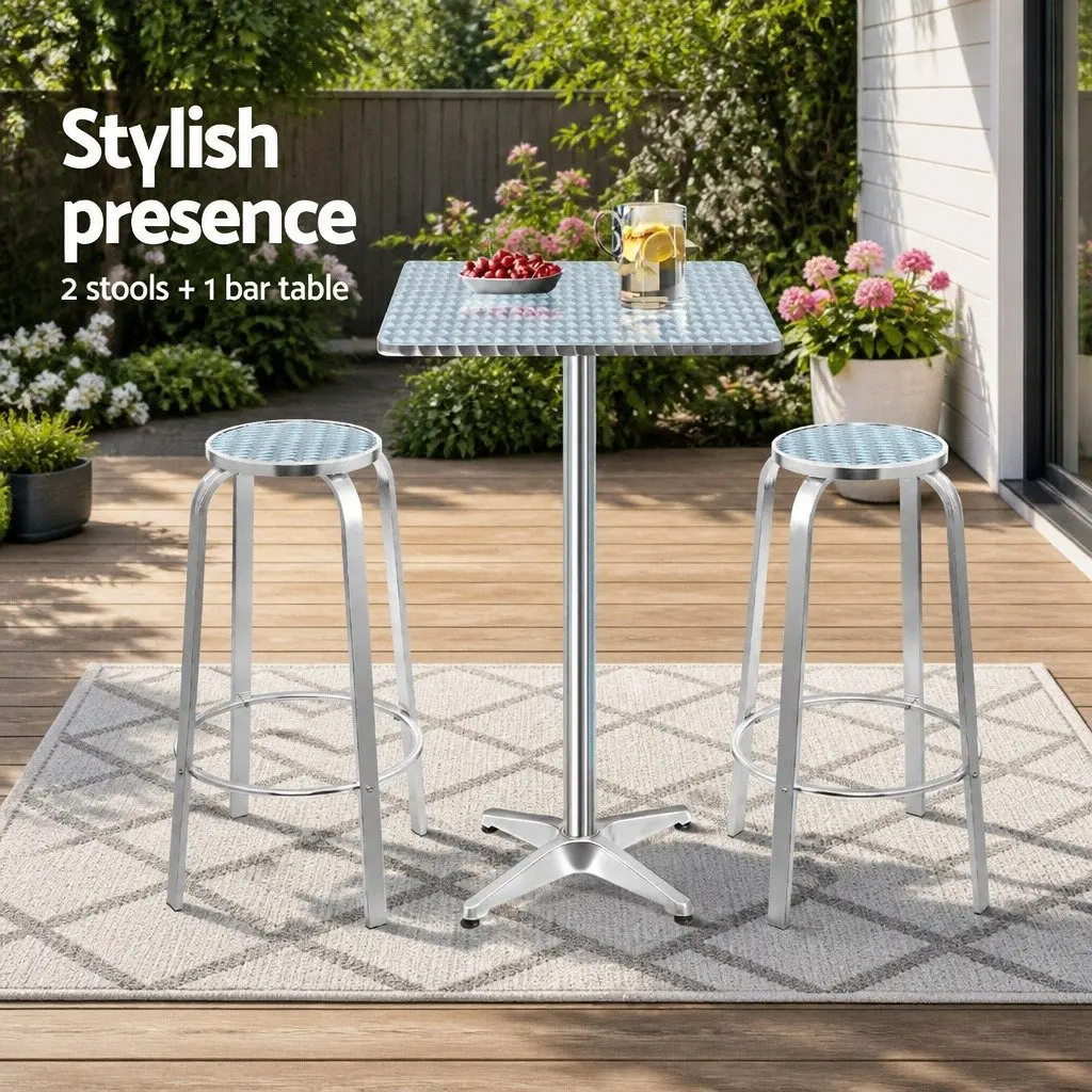 3 Piece Outdoor Bar Set Height Adjustable Bistro Table Silver with 2 Stools