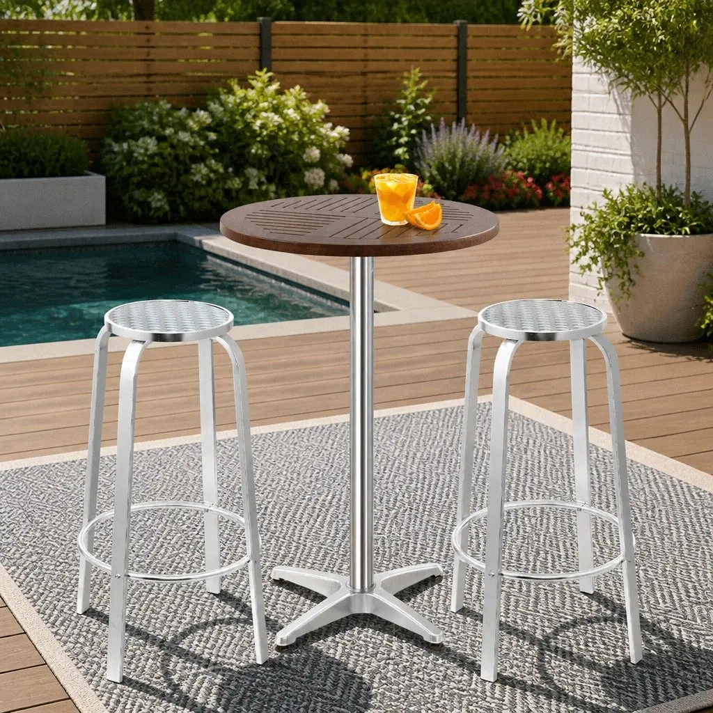 3 Piece Outdoor Bar Set Height Adjustable Bistro Table Silver with 2 Stools