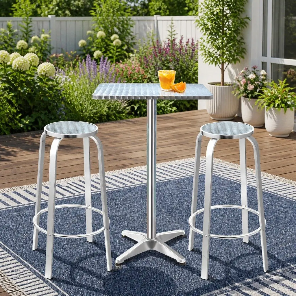 3 Piece Outdoor Bar Set Height Adjustable Bistro Table Silver with 2 Stools
