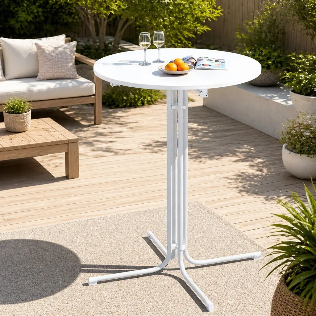 Round Folding Bar Table Outdoor Patio Furniture White Dining Desk Top 109cm High