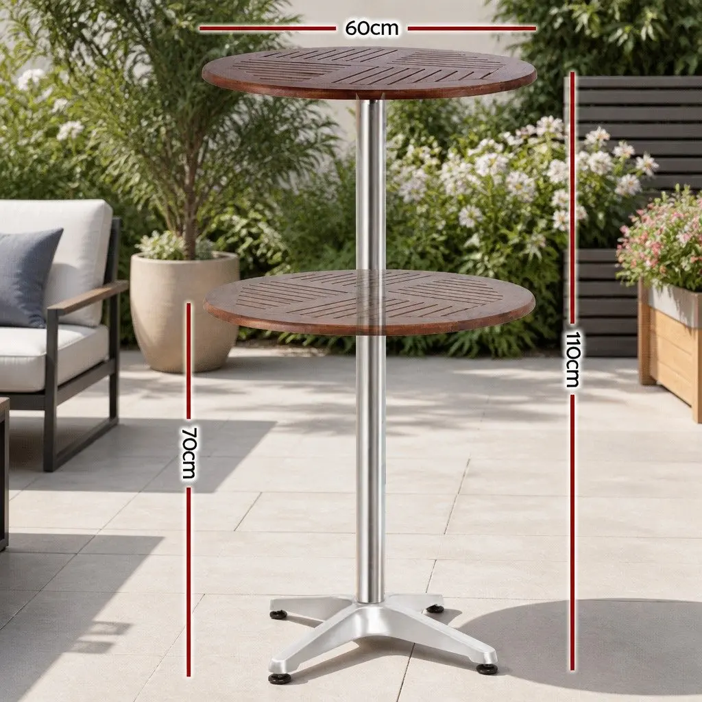 Outdoor Bar Table Round Hardwood Top Adjustable Height 60cm Silver