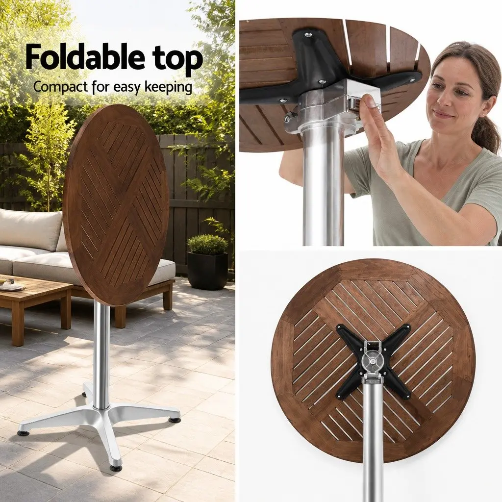 Outdoor Bar Table Round Hardwood Top Adjustable Height 60cm Silver