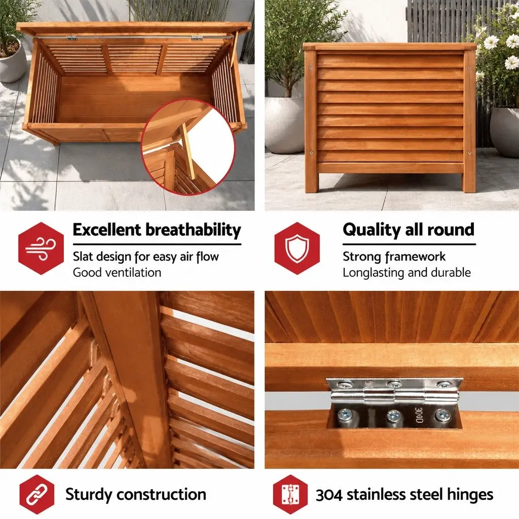 Outdoor Storage Bench Box 210L Wooden Garden Furniture Seat Nature Wood