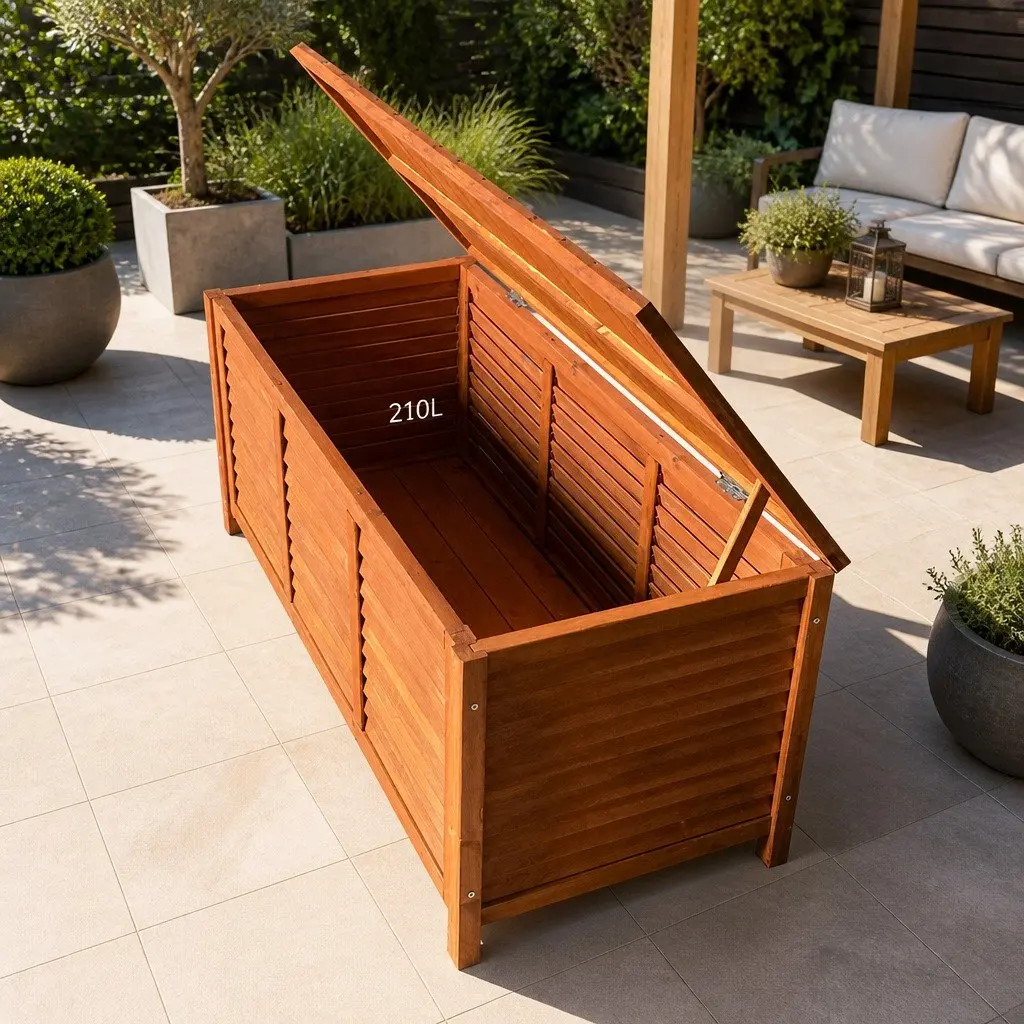 Outdoor Storage Bench Box 210L Wooden Garden Furniture Seat Nature Wood