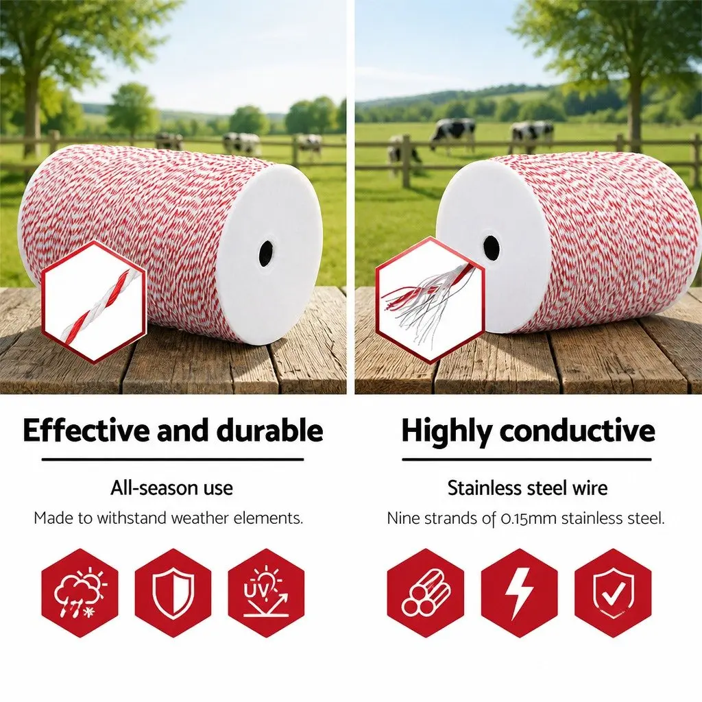 Electric Fence Poly Wire 2000M Red White Livestock Containment Fencing Roll