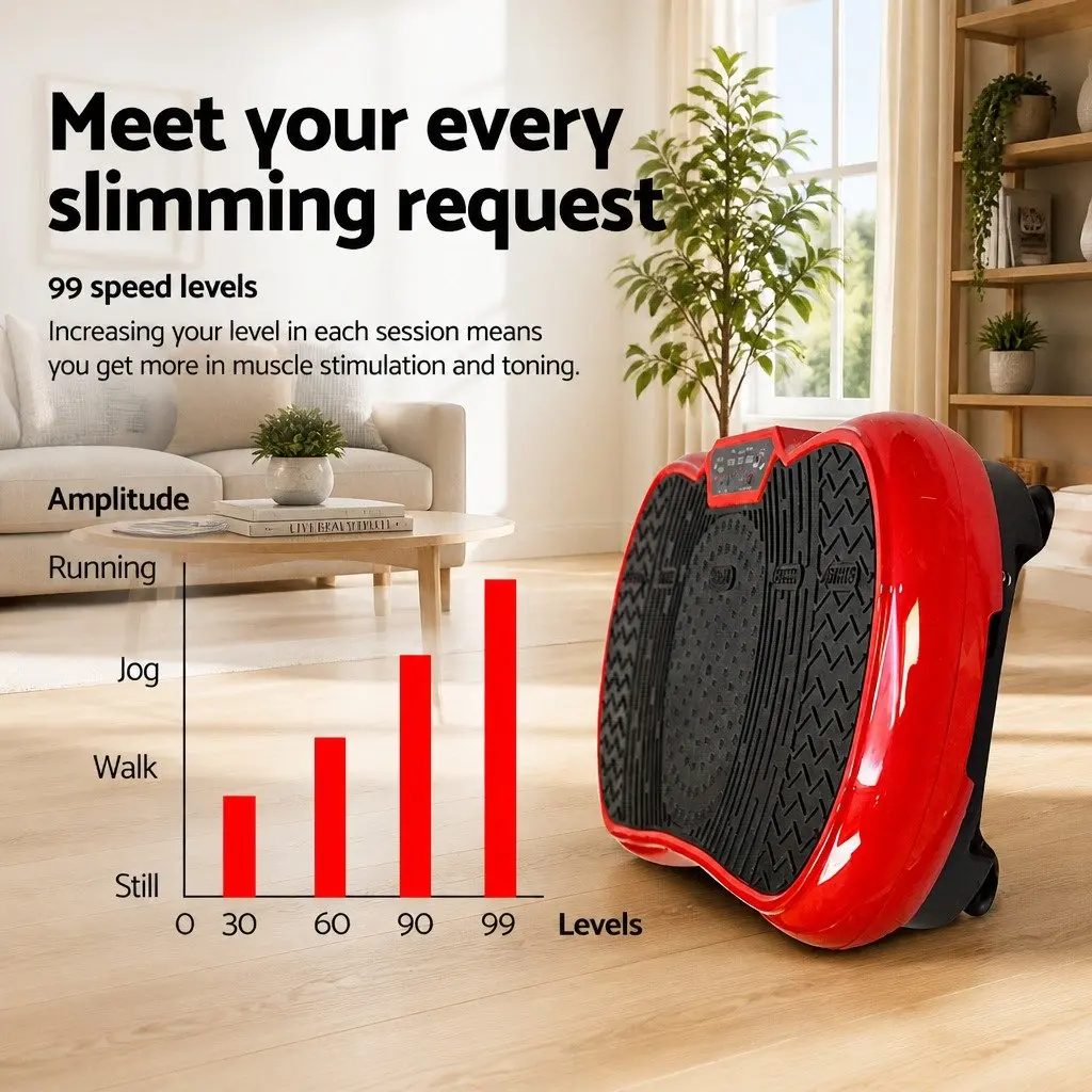 Vibration Machine Platform Fitness Trainer Home Gym Compact Red 70 x 39 x 13cm with Resistance Bands