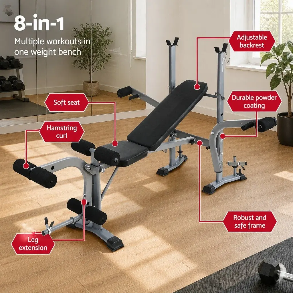 Weight Bench 8 in 1 Adjustable Multi Exercise Home Gym Black