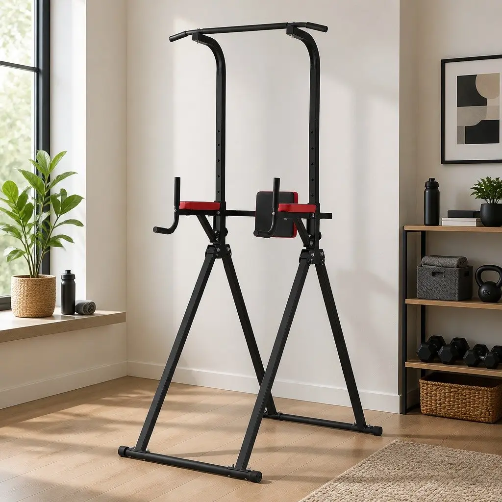 Chin Up Tower Adjustable Dip Station Folding Home Gym Exercise 96cm W x 112cm D x 162-212cm H Black Red