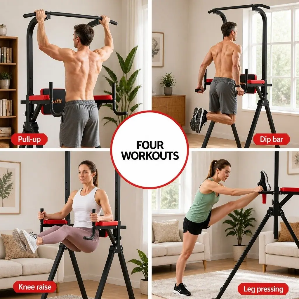 Chin Up Tower Adjustable Dip Station Folding Home Gym Exercise 96cm W x 112cm D x 162-212cm H Black Red