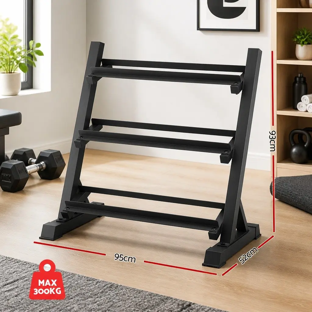Dumbbell Rack 3-Tier Weight Storage Home Gym Kettlebell Organiser Black Steel