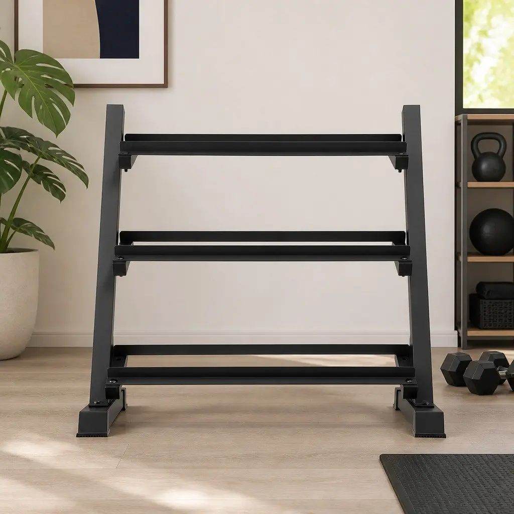 Dumbbell Rack 3-Tier Weight Storage Home Gym Kettlebell Organiser Black Steel