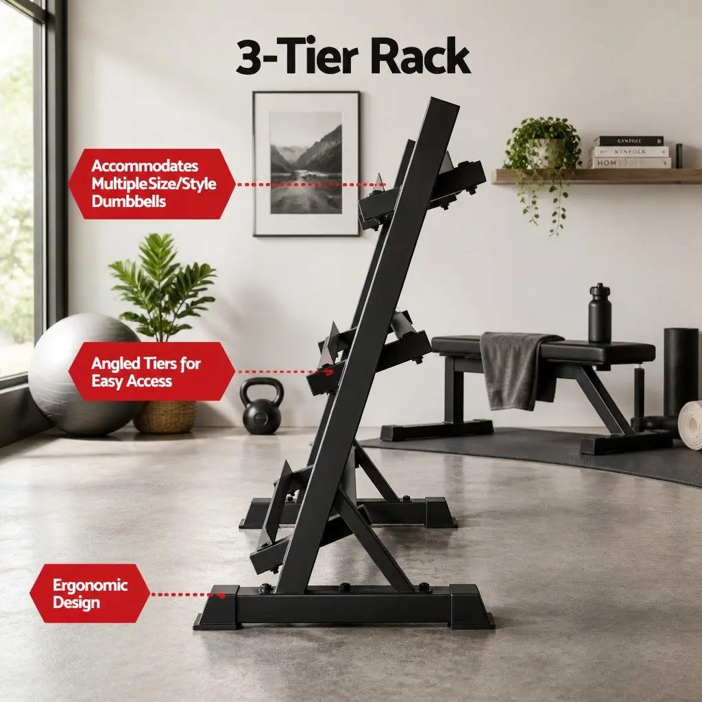 Dumbbell Rack 3-Tier Weight Storage Home Gym Kettlebell Organiser Black Steel