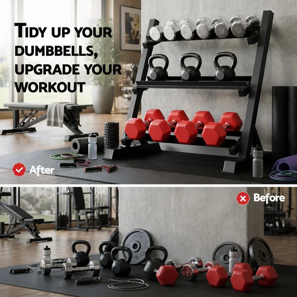 Dumbbell Rack 3-Tier Weight Storage Home Gym Kettlebell Organiser Black Steel