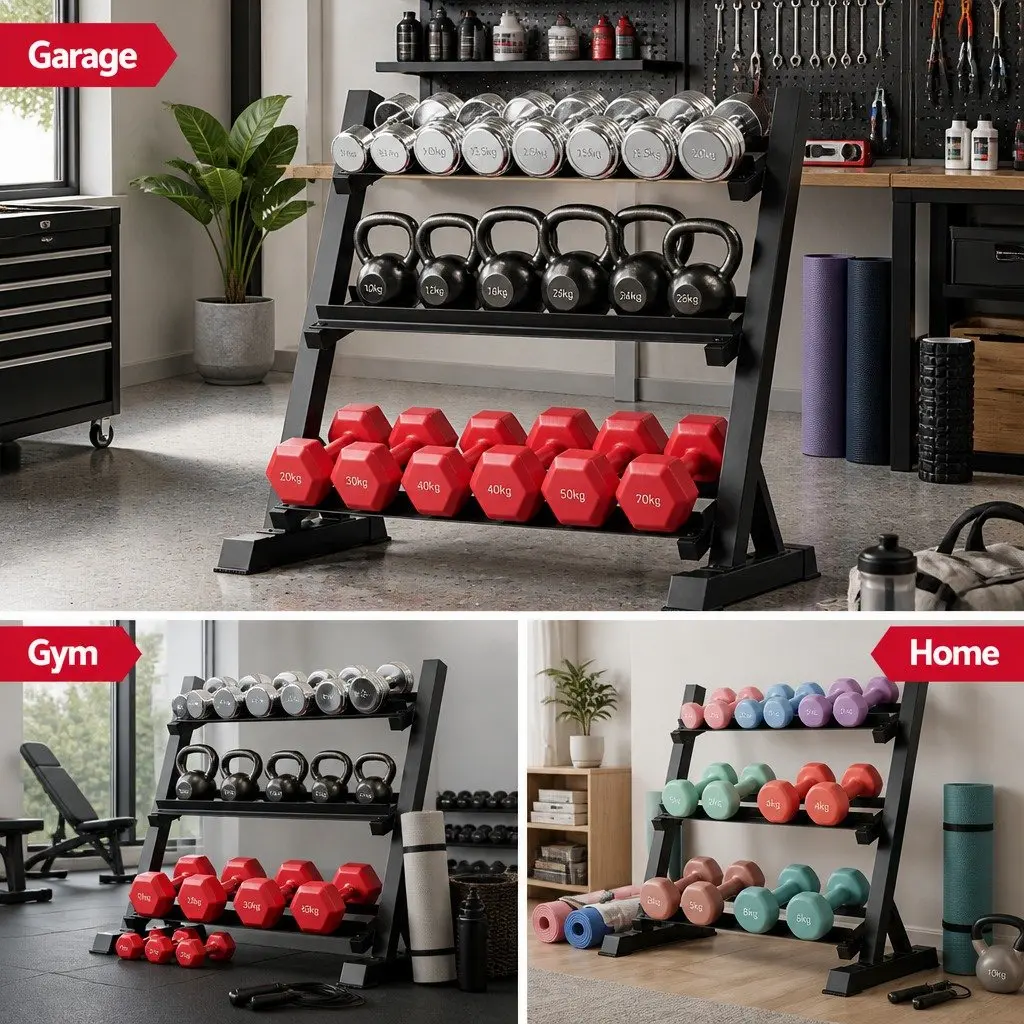 Dumbbell Rack 3-Tier Weight Storage Home Gym Kettlebell Organiser Black Steel
