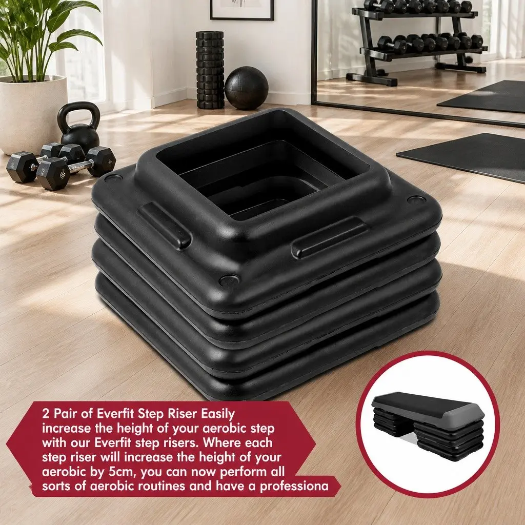 Aerobic Step Riser Exercise Stepper Block Adjustable Height Black 4 Piece