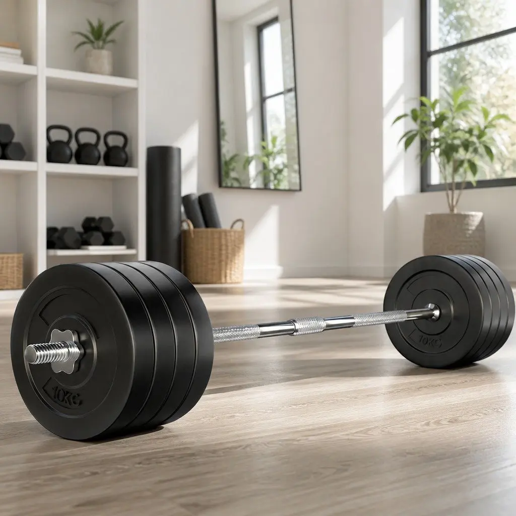 Barbell Set Weight Plates Lifting Bench Home Gym Equipment 168cm Black