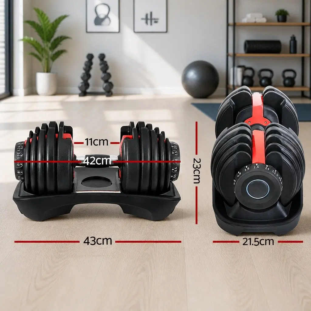 Adjustable Dumbbell Set Weight Training 24kg Black and Red 2 Pieces