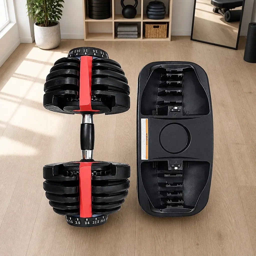 Adjustable Dumbbell Set Weight Training 24kg Black and Red 2 Pieces