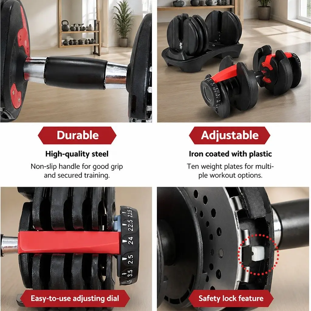 Adjustable Dumbbell Set Weight Training 24kg Black and Red 2 Pieces