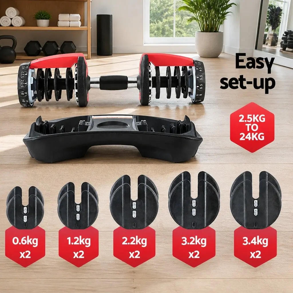 Adjustable Dumbbell Set Weight Training 24kg Black and Red 2 Pieces