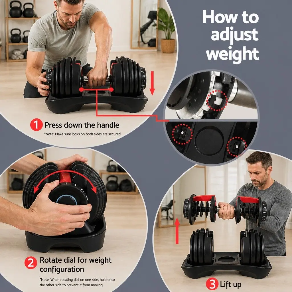 Adjustable Dumbbell Set Weight Training 24kg Black and Red 2 Pieces