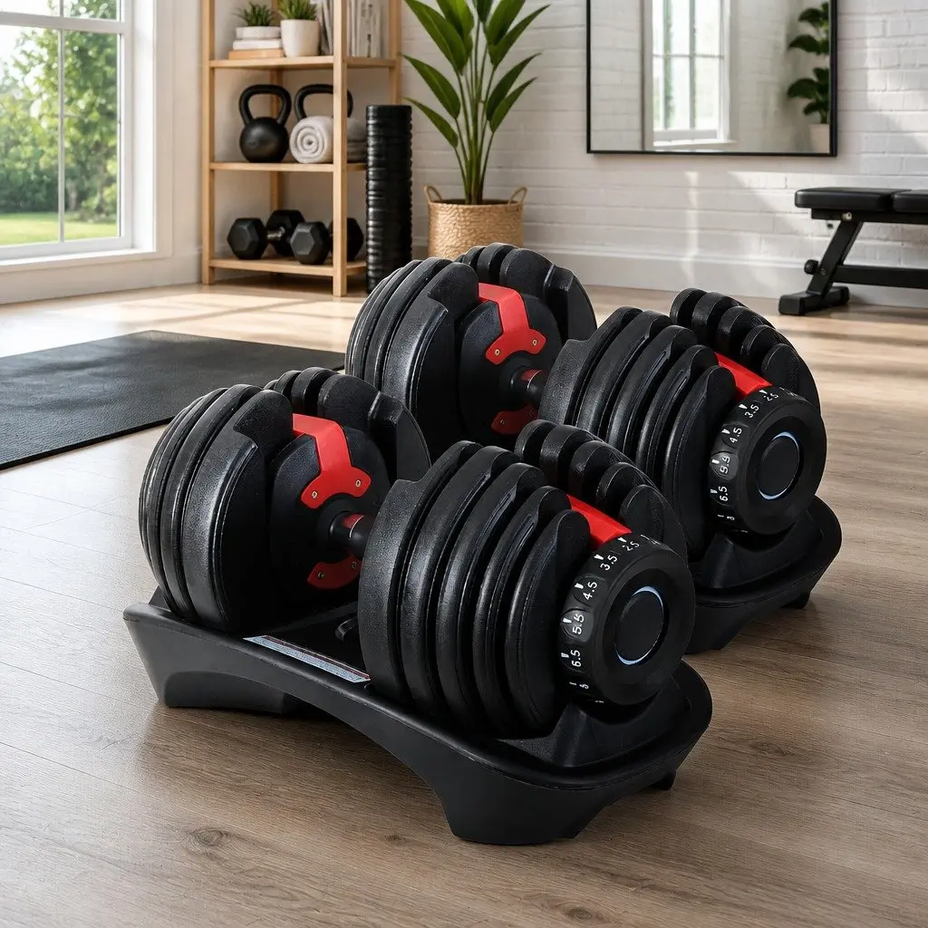 Adjustable Dumbbell Set Weight Training 24kg Black and Red 2 Pieces